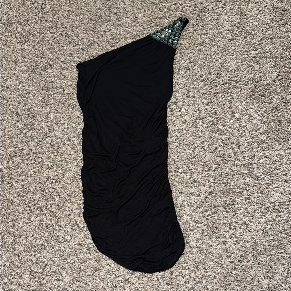 Black One-Shoulder Ruched Dress with Shoulder Sequin Detail